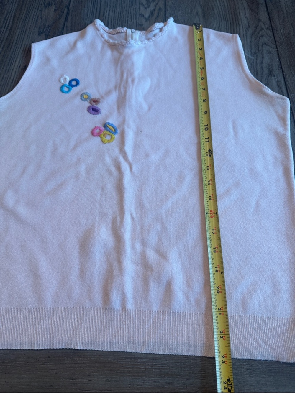 Vintage 60s/70s Handmade Embroidered Knit Shell Vest - Pink -Metal Back Zip XL/L - Picture 9 of 11